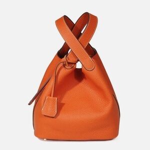 Mini Leather Drawstring Bag in Orange